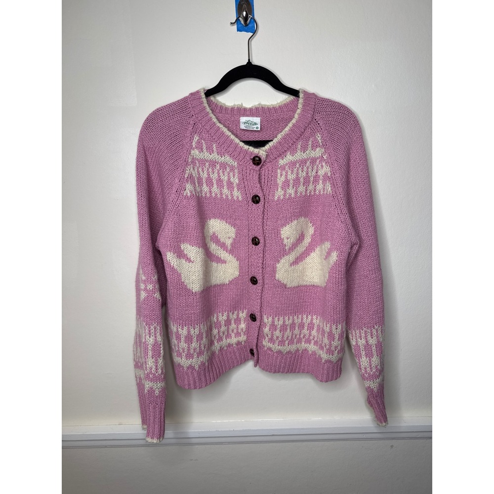 Newin Cardigan Women Medium Pink Swan Intarsia Bow Knit Sweater 12W3463N